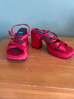 Women's Red Satin Platform Block Heel Sandals